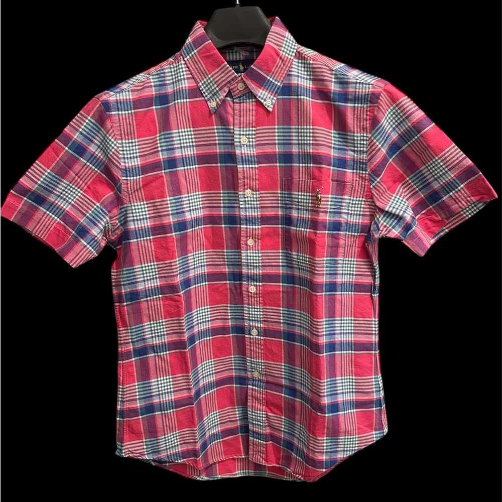 Ralph Lauren Red pink and Blue Plaid Button Down Shirt size M slim